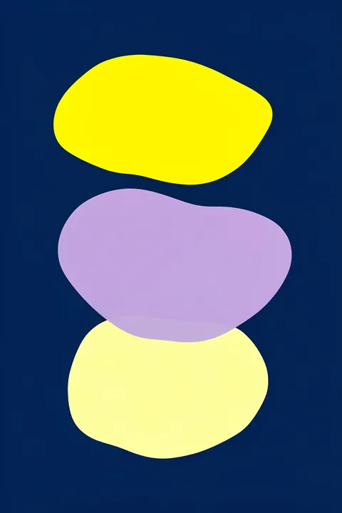 Abstract Forms Blue and yellow. Three large rounded forms in yellow, lavender, and pale cream are stacked vertically on a deep navy field.