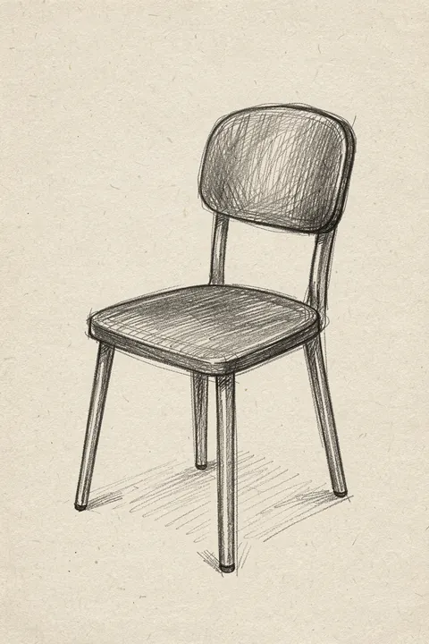 Mid Century Chair Sketch. A graphite-style sketch depicts a simple wooden chair at an angle on textured off-white paper.