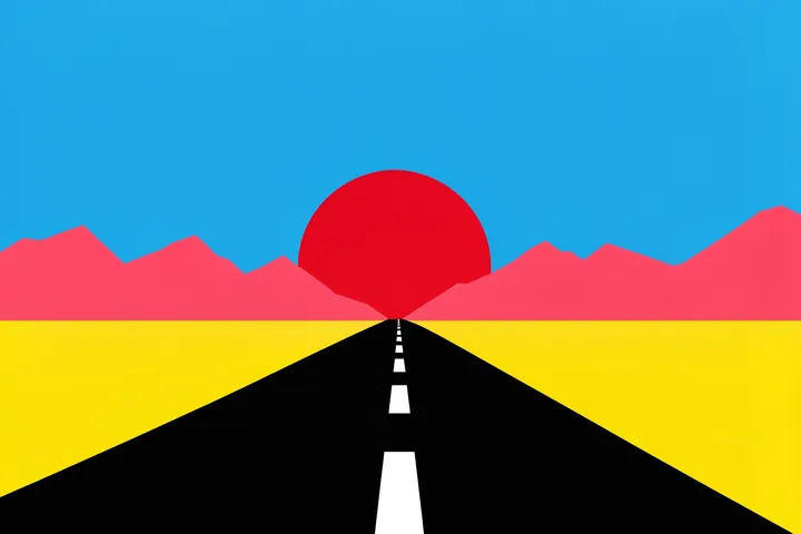 Road To Sun. A straight black road narrows toward a red sun and pink mountain ridge, crossing bright yellow ground.