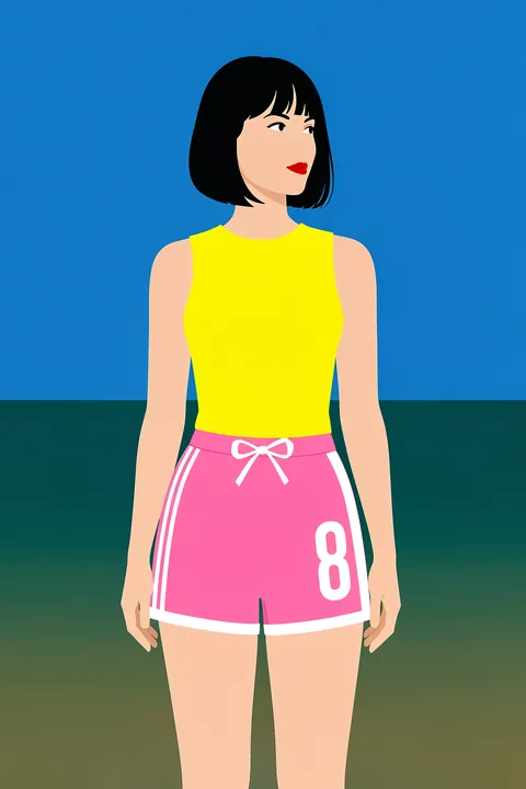 Runner Girl. An illustrated runner with a short dark bob wears a yellow top and pink shorts marked with the number eight.