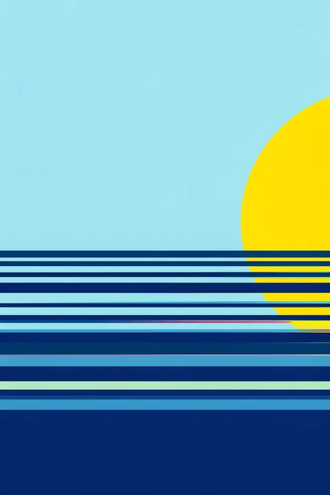 Sunrise In Ahrenshoop. A large yellow sun sits above horizontal bands of pale blue, turquoise and dark navy in a minimal seascape.