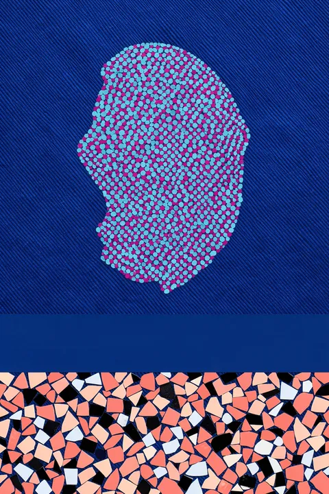 Colorful Abstract Mouse. A rounded silhouette made of pink and cyan dots sits above a band of small angular mosaic pieces on a dark blue field.