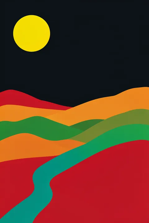 Colorful Mountain Sunset. A bright yellow sun hangs over layered red, orange, and green hills beneath a dark near-black sky.