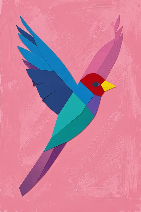 Colorful Flying Bird. A geometric bird with layered blue, teal, and purple wings and tail flies across a textured pink field, its red head and yellow beak facing right.