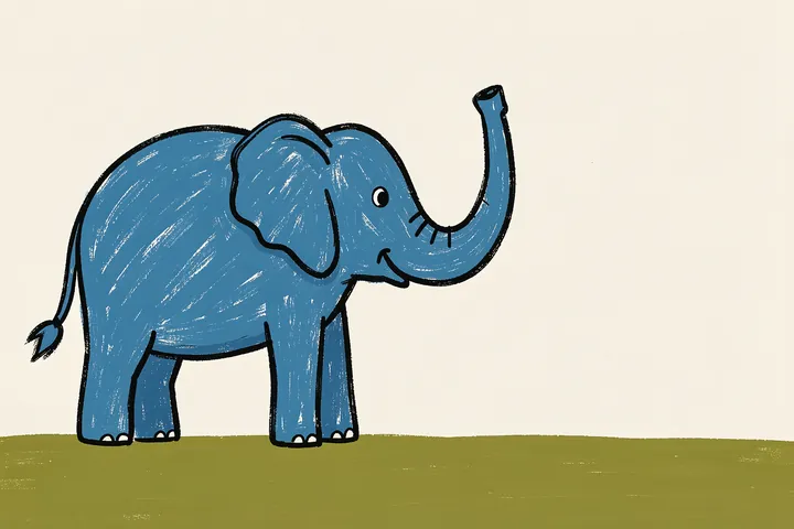 Cute Blue Elephant. A blue cartoon elephant with a raised trunk stands on a narrow olive-green ground beneath a large off-white sky.