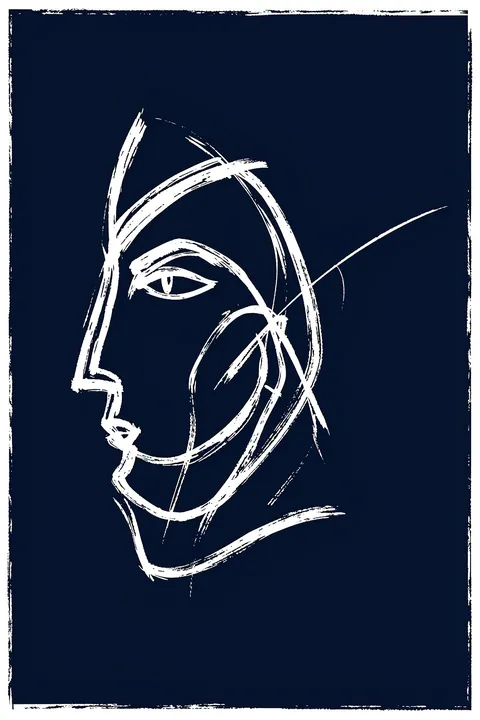 Abstract Dual Line Faces. A loose white continuous-line drawing of a left-facing profile and overlapping facial contours fills a dark navy rectangle.