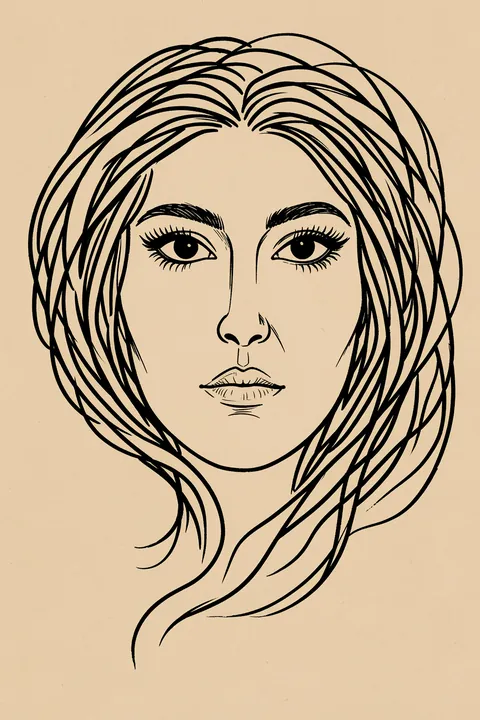 Abstract Female Face. A front-facing woman’s face is drawn in black contour lines, with long center-parted hair on textured beige.
