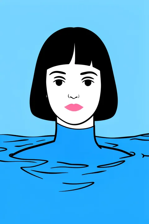 Calm Face In Water. A woman with a black bob emerges from stylized blue water beneath a clear light-blue sky.