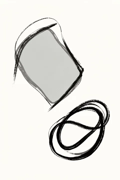 Continuous Organic Form. Two large looping black brush contours, one enclosing a pale gray center, sit on white.