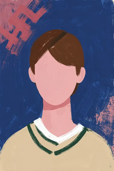 Muted Faceless Woman. A faceless bust with short brown hair and a cream top with dark green trim stands before broad navy and coral brushstrokes.