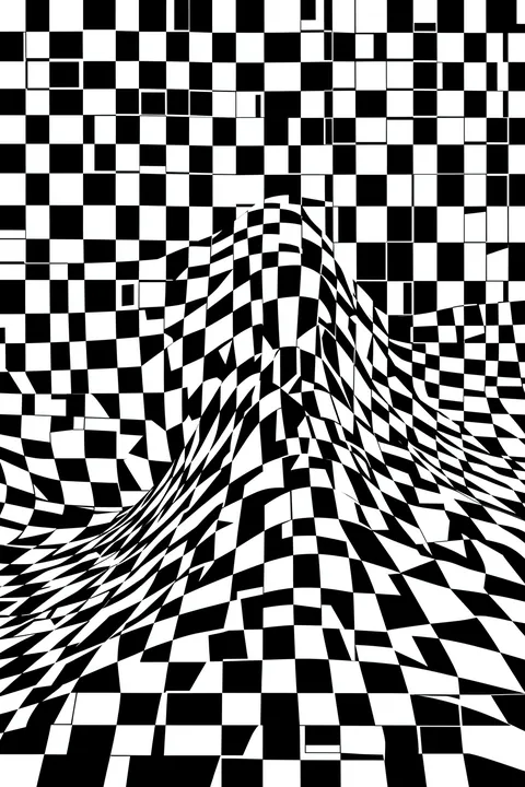 Wavy Checkerboard Illusion. A black-and-white checkerboard bends into a deep central wave, distorting the square grid.