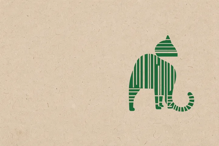 Whimsical Green Cat. A small stylized green cat made of horizontal and vertical stripes sits on textured beige.