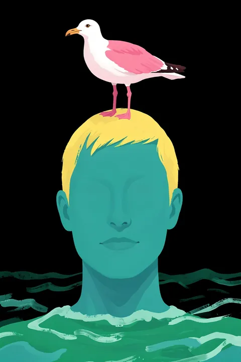 Woman and Pink Bird. A white bird with pink wings stands atop the blond head of a turquoise figure emerging from dark teal water.