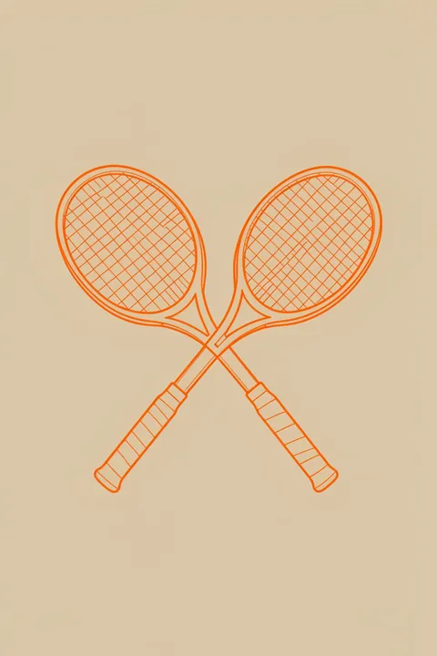 Racquet Rendezvous. Two orange line-drawn tennis racquets cross at their handles on a plain beige background.
