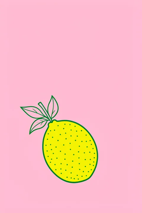 Squeeze The Day Lemon. A bright yellow lemon dotted with green sits beneath outlined leaves on a solid pink background.
