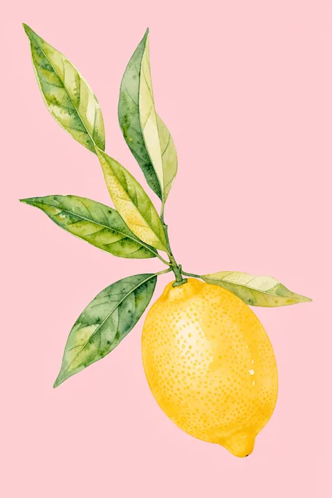 Watercolor Lemon Branch. A watercolor lemon hangs from a leafy green branch against a soft pink background.