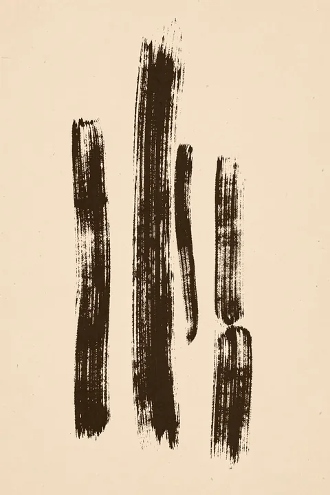 Abstract Exclamation Marks. Rough black vertical brush marks of varied heights form an abstract punctuation-like composition on textured beige.