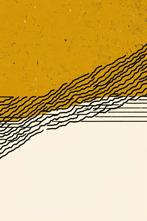 Textured Yellow Lines. Wavy black parallel lines sweep diagonally across a mustard-yellow and pale cream field, with a distressed print texture.