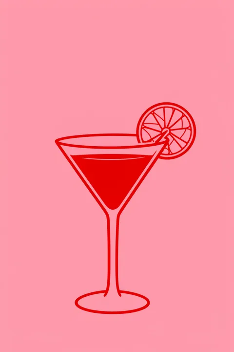 Cosmopolitan. A red cocktail in a long-stemmed martini glass is outlined in bright red, with a citrus wheel garnish on pink.