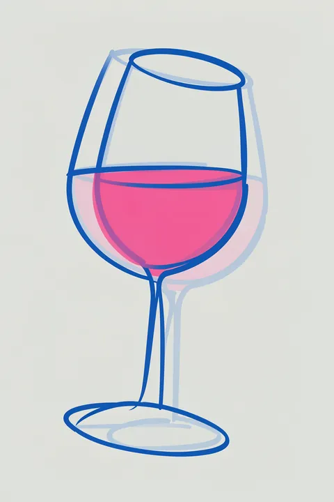 Rosé. A pink-filled wine glass is drawn in overlapping blue outlines against a muted light-gray background.