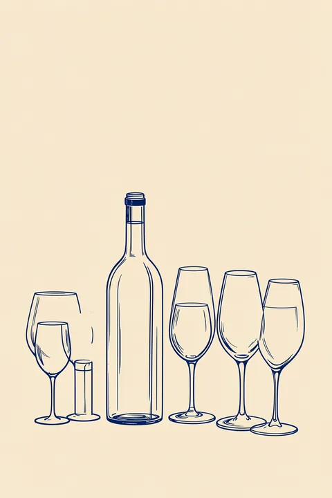 Wine Night Sketch. A navy line drawing shows a wine bottle surrounded by several glasses on warm cream.