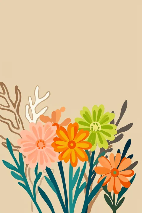 Colorful Floral Bouquet. A cluster of pink, orange, and lime-green flowers with teal and dark leaves rises from the bottom of a tan field.