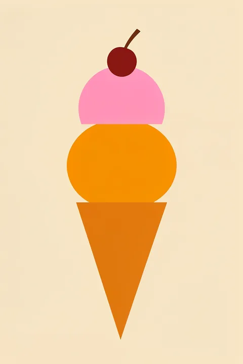 Colorful Ice Cream Cone. A geometric ice-cream cone stacks orange and pink scoops beneath a red cherry on a pale cream background.