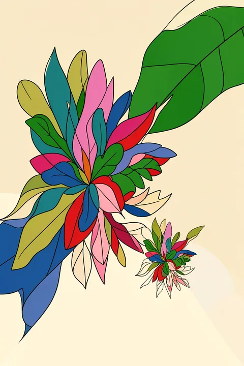 Creative Bloom. Two clusters of pointed leaves and petals in red, pink, teal, blue, and olive form a bold bouquet on cream.