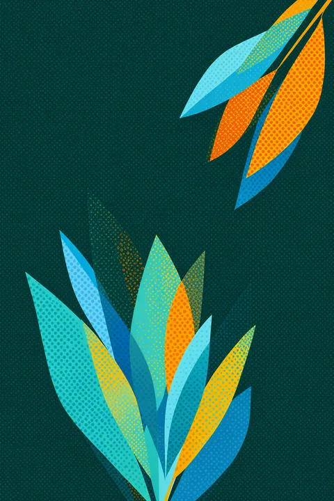 First Light 1. Dotted turquoise, blue, yellow, and orange leaves rise from the lower edge and hang from the upper corner of a deep teal field.
