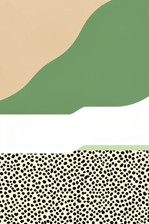 Pastel Abstract Dots. Soft beige and sage-green curved bands cross a white strip above a lower field of irregular black dots.