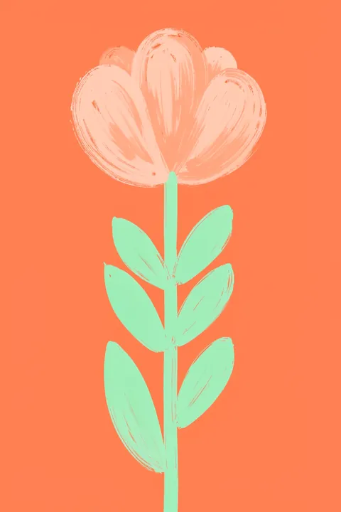 Pastel Blossom. A pale blush flower with mint-green leaves grows on a single straight stem against coral orange.
