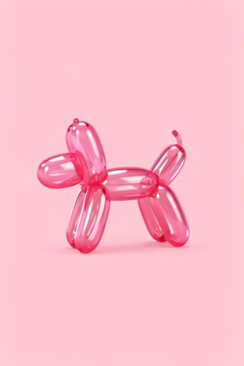Pink Balloon Poodle. A glossy pink balloon animal shaped like a small dog stands against a pale pink background.