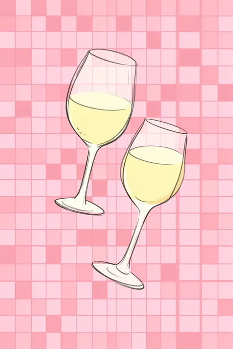 Pink Santé Toast. Two outlined wine glasses filled with pale yellow wine sit at angles over a pink checkerboard.