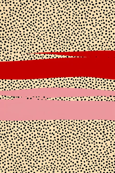 Playful Spotted Abstract. Broad red and pink horizontal bands cut across a cream field densely covered in irregular black spots.