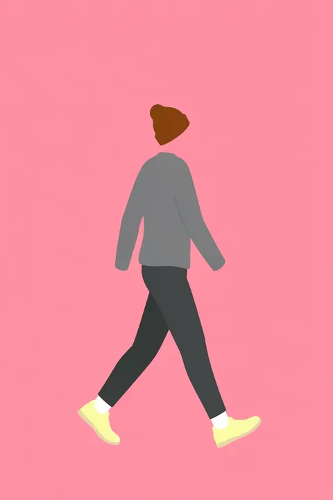 Playful Toddler Steps. A simplified figure in a gray top, dark trousers, and pale yellow shoes strides across a solid pink background.