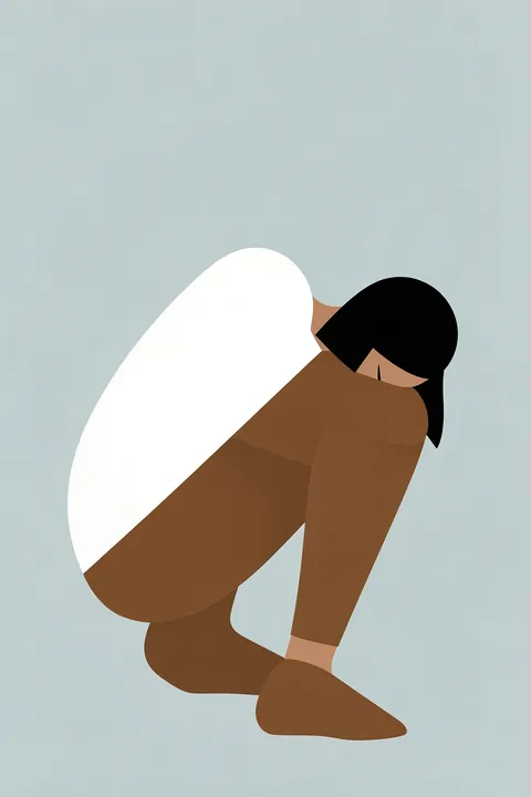 Serene Sitting Figure. A faceless figure with black hair sits curled forward in brown clothing against a pale blue field.