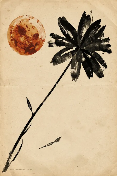 Shadowed Bloom. A black brush-painted flower on a long stem stands beside a rust-colored circular mark on aged beige paper.