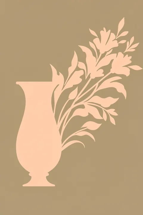 Silhouette Blooms. A pale peach silhouette of a vase and branching flowers appears against a muted taupe background.