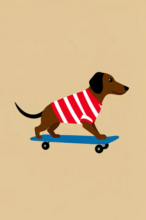 Skateboarding Dachshund Dog. A brown dachshund in a red-and-white striped shirt rides a blue skateboard on a warm tan background.