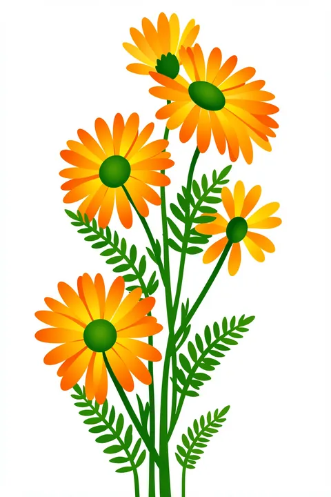 Sunflowers 3. Four yellow and orange daisy-like flowers with green stems and leaves rise against white.