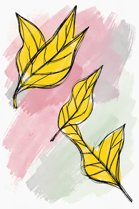 Vibrant Yellow Leaves. Three angular yellow leaves outlined in black sit over broad dusty-pink, gray, and pale-green brushstrokes.
