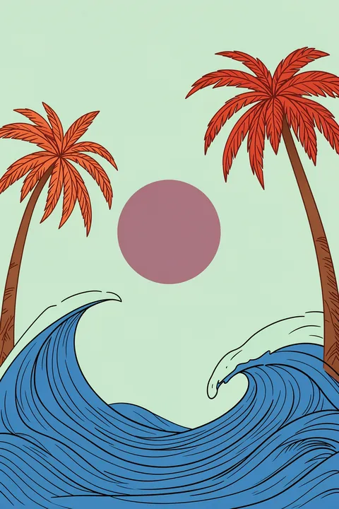 Tropical Beach Waves. Two coral-colored palm trees frame curling blue waves and a muted mauve sun beneath a pale mint sky.