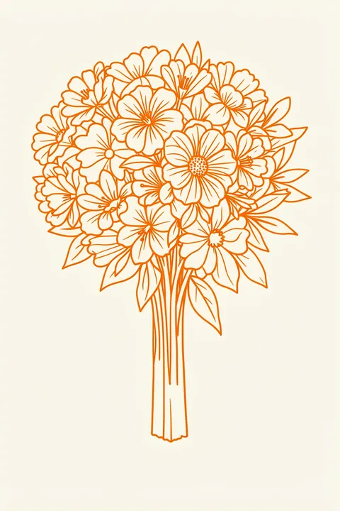 Bouquetsnaturellesno03. A dense bouquet of flowers and leaves is rendered in fine orange linework on warm cream.