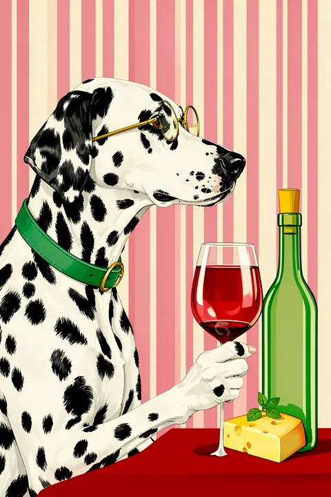 Brie & Bordeaux. A spotted dog wearing round glasses holds a glass of red wine beside a green bottle and a piece of cheese on a red table.