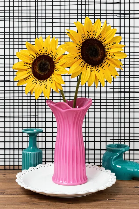 Bright Sunflowers Pink Vase. Two bright sunflowers in a ribbed pink vase stand before a black grid, with teal vessels and a white plate below.