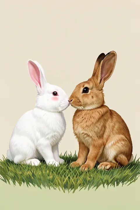Spring Bunny Friends. A white rabbit and a brown rabbit touch noses while sitting on a patch of green grass against cream.