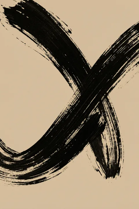 Black Wave Flow. Two broad black brushstrokes cross and curve over a warm beige background.
