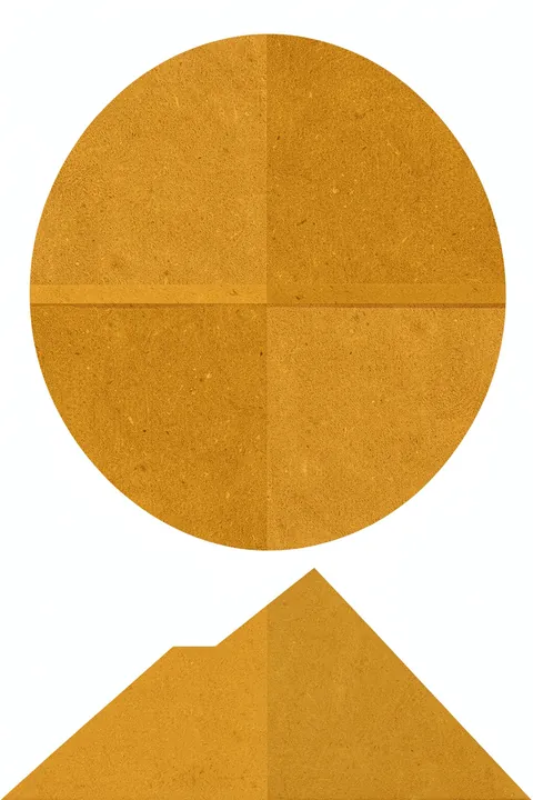 Geometric Echoes. A textured ochre circle sits above a matching angular mountain-like form on white.