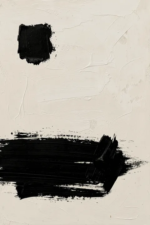 Rustic Organic Oil Painting. A thick black horizontal brushstroke and a separate square mark contrast with a heavily textured off-white ground.