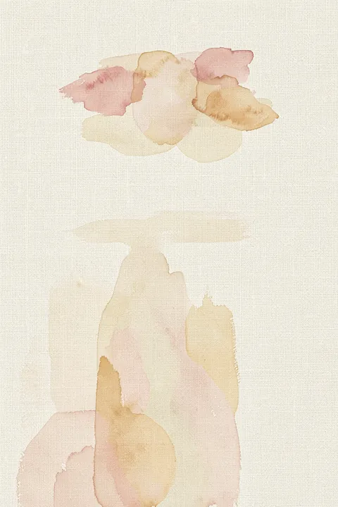 Ethereal Blush Abstract. Translucent blush-pink, pale peach, and warm beige watercolor washes form a loose vertical abstract on textured cream.